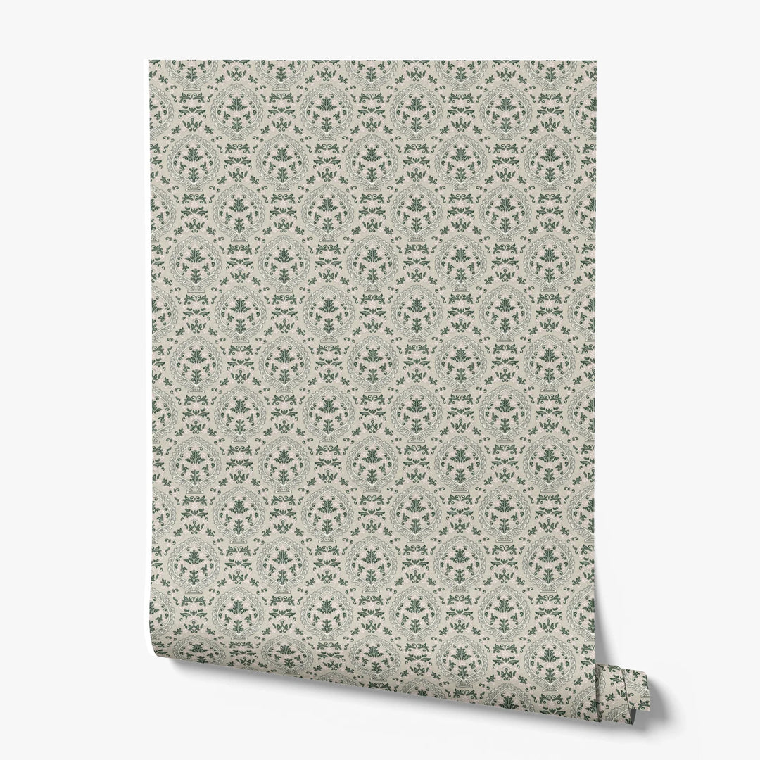Varanasi Medallion in Sandstone and Ivory — sage-green pointed medallions enclosing flowering plants on a pale sandstone ground printed wallpaper roll