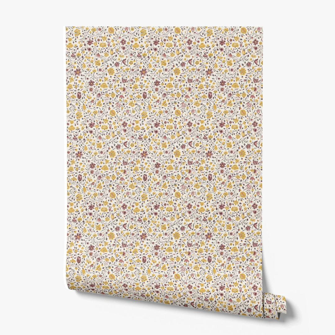 Yellow 18th century Indian chintz vine on a white ground: printed wallpaper roll