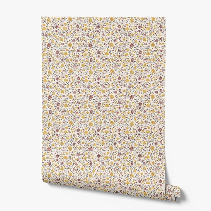Yellow 18th century Indian chintz vine on a white ground: printed wallpaper roll