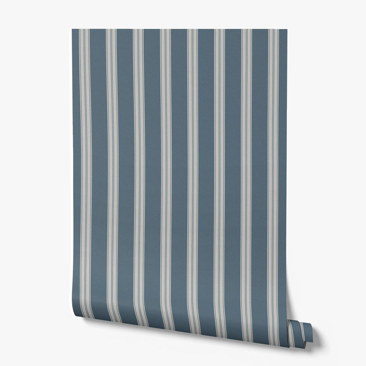 Grey 19th century double-band stripe on a blue-grey ground: printed wallpaper roll
