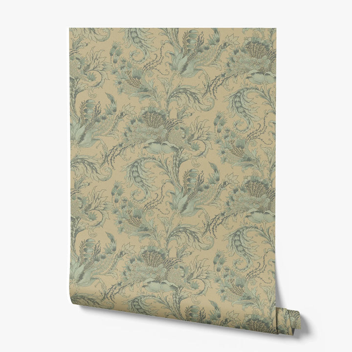 Ragged Poppy in Flax and Eucalyptus — soft green poppy on a flax ground, low-contrast large-scale block-printed floral repeat printed wallpaper roll