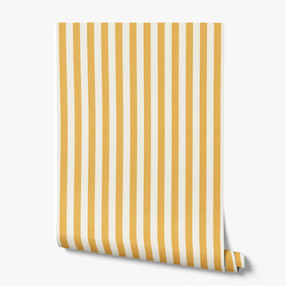Marigold and ivory 19th century equal-width stripe, yellow striated: printed wallpaper roll