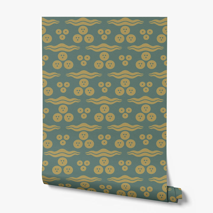 Gold 15th century Ottoman discs and waves on a medium green ground: printed wallpaper roll