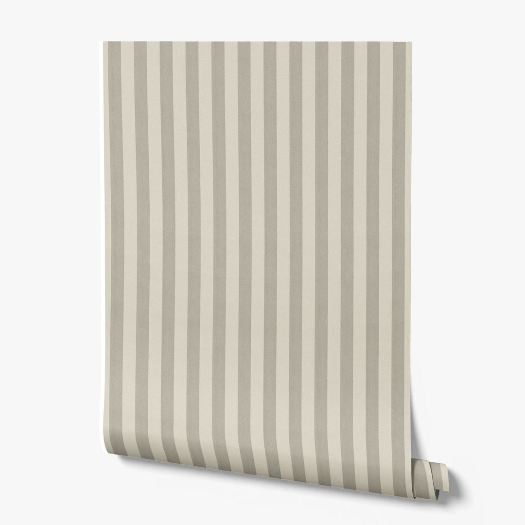 Warm greige 19th century equal-width stripe, deeper bands striated: printed wallpaper roll