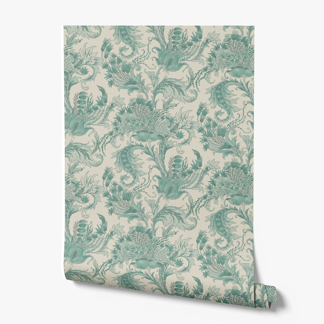 Ragged Poppy in Sandstone and Verdigris — green poppy on a warm sandstone ground, large-scale block-printed floral repeat printed wallpaper roll