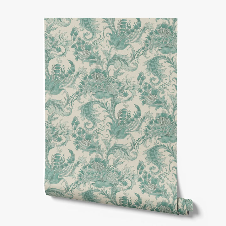 Ragged Poppy in Sandstone and Verdigris — green poppy on a warm sandstone ground, large-scale block-printed floral repeat printed wallpaper roll