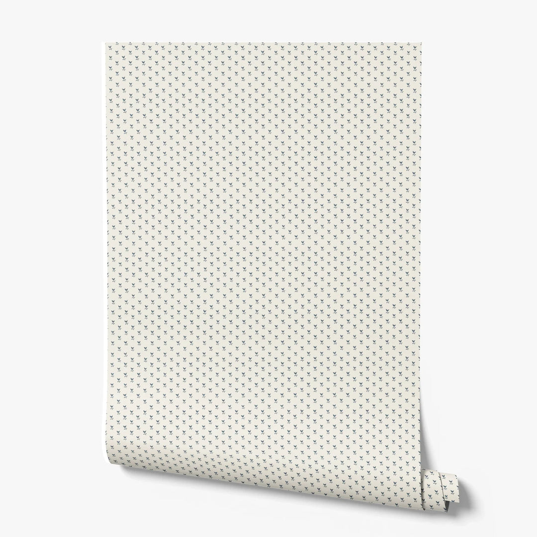 Blue-grey Second Empire tulip silhouette on a warm ivory ground: printed wallpaper roll