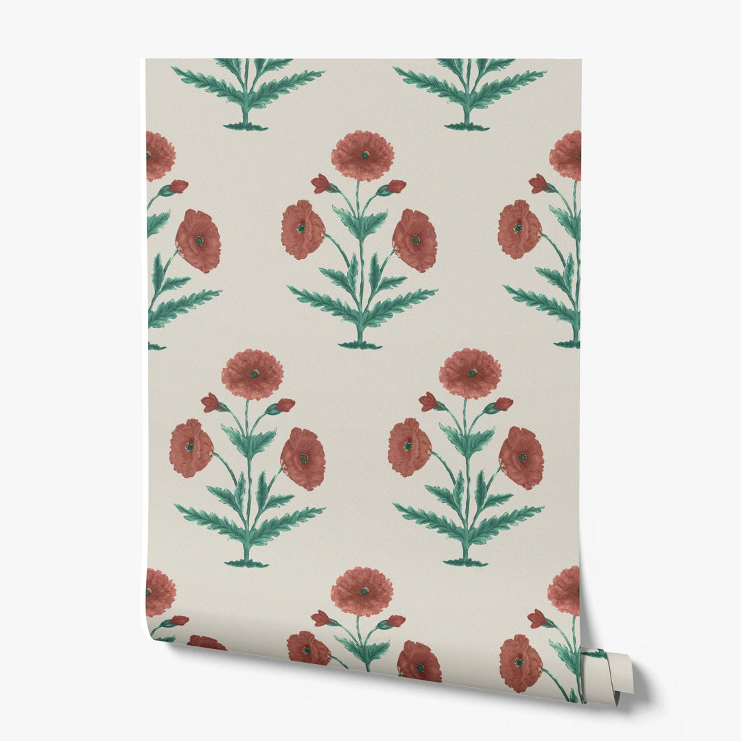Red and green 17th century Mughal poppy plants on a beige ground: printed wallpaper roll