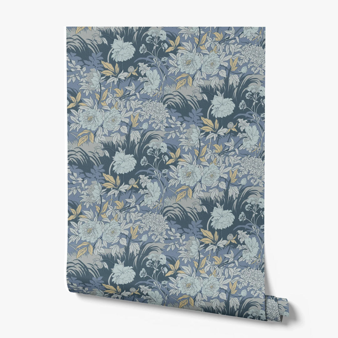 Pale grey 1890s Art Nouveau blooms and grasses on a blue-grey ground: printed wallpaper roll