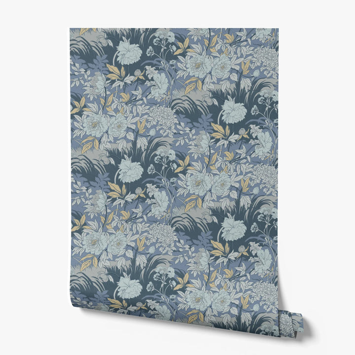 Pale grey 1890s Art Nouveau blooms and grasses on a blue-grey ground: printed wallpaper roll