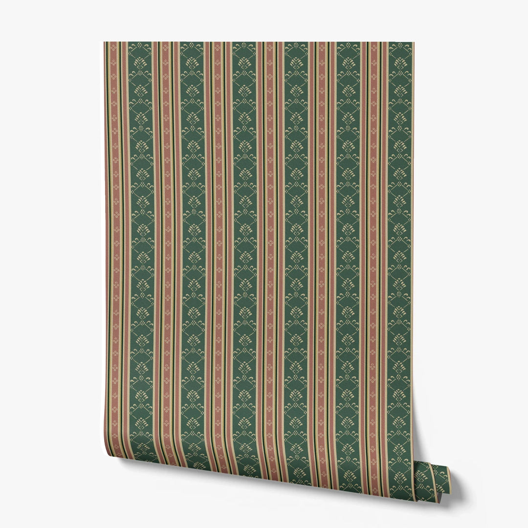Dark green and brown 18th century floral and lattice stripe: printed wallpaper roll