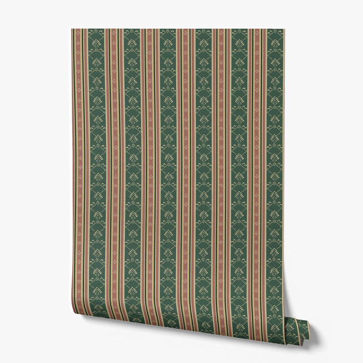 Dark green and brown 18th century floral and lattice stripe: printed wallpaper roll