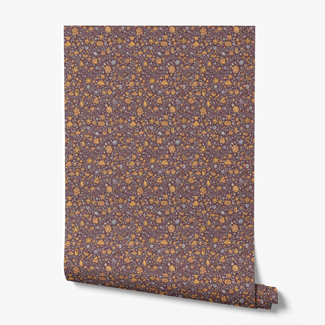 Yellow 18th century Indian chintz vine on a dark purple ground: printed wallpaper roll