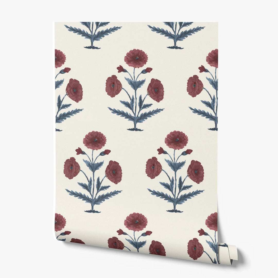Red 17th century Mughal poppy plants on a white ground: printed wallpaper roll