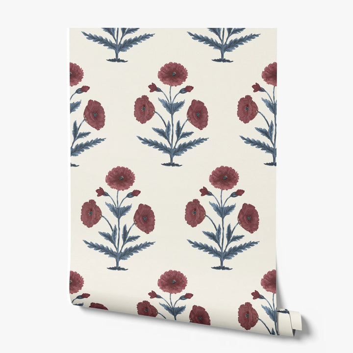 Red 17th century Mughal poppy plants on a white ground: printed wallpaper roll
