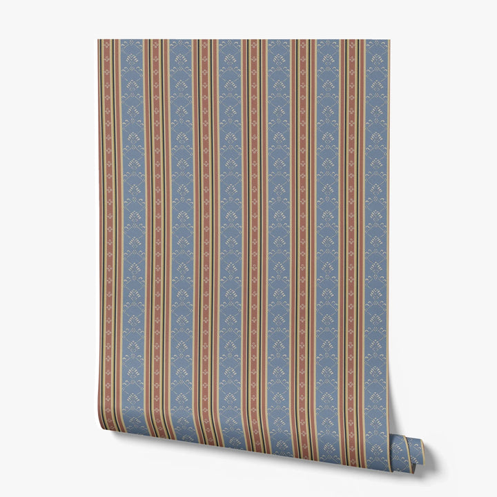 Muted blue and brown 18th century floral and lattice stripe: printed wallpaper roll