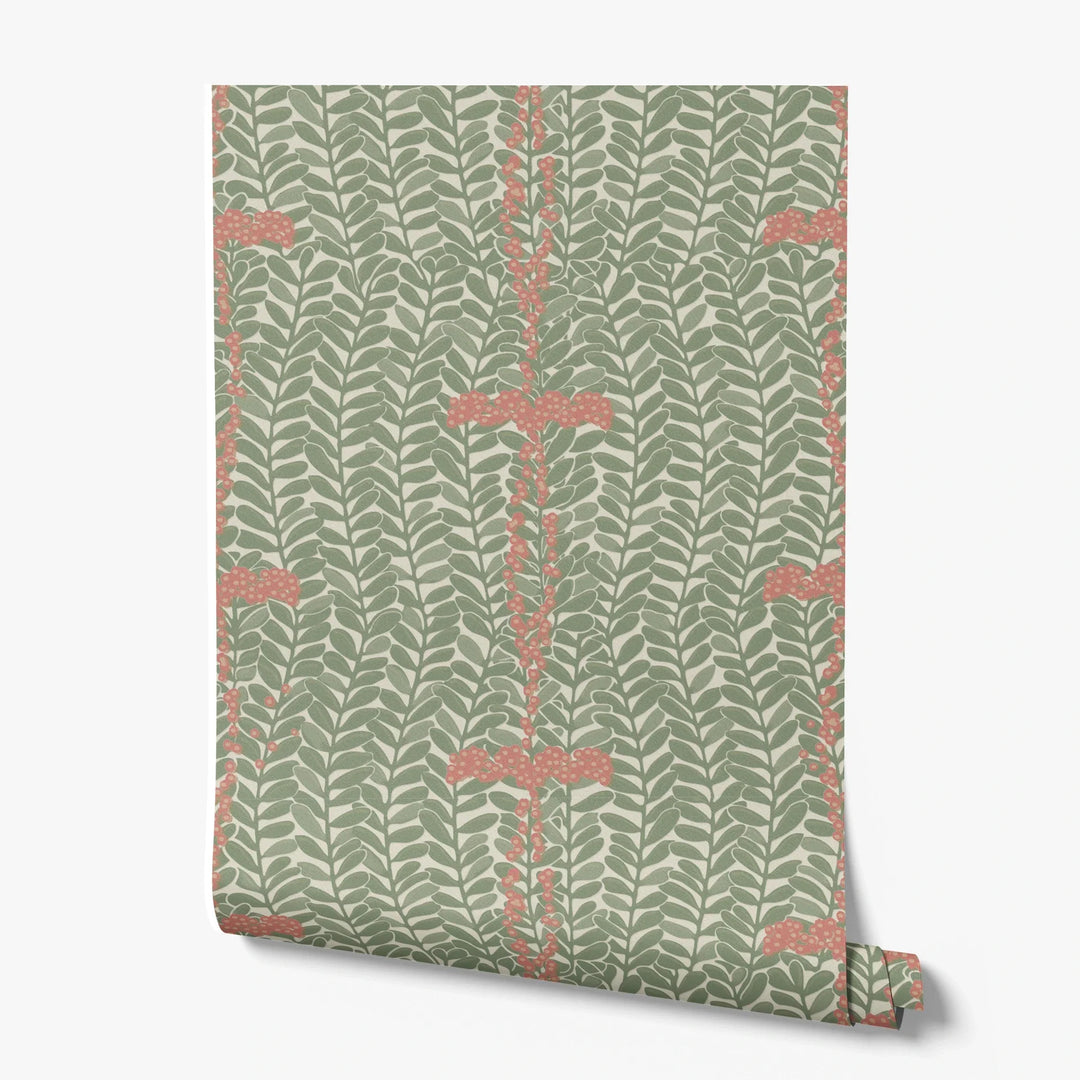 Muted green 1918 leaf sprays with red berries on a beige ground: printed wallpaper roll