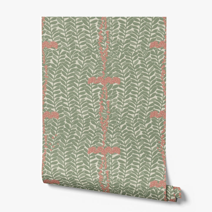 Muted green 1918 leaf sprays with red berries on a beige ground: printed wallpaper roll