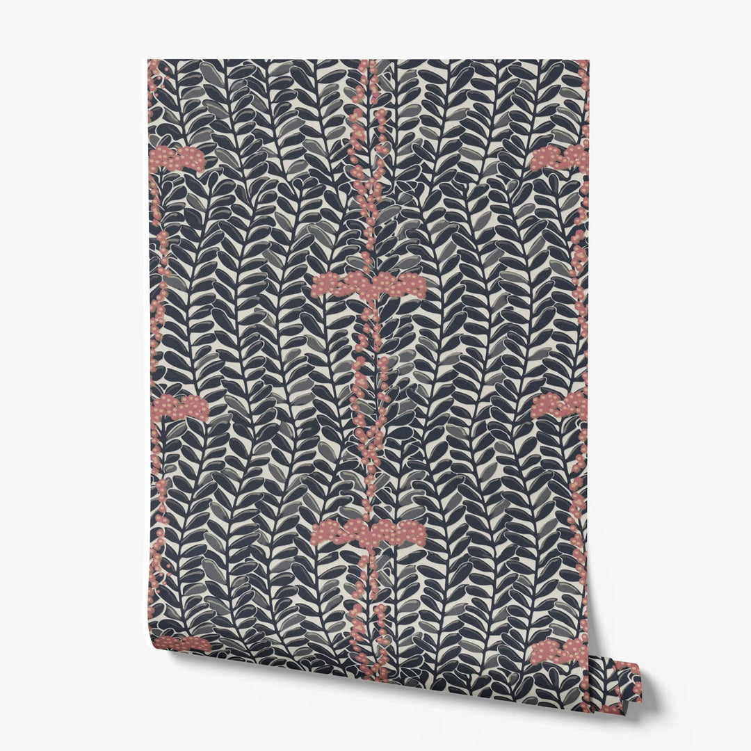 Navy 1918 leaf sprays with red berries on a beige ground: printed wallpaper roll