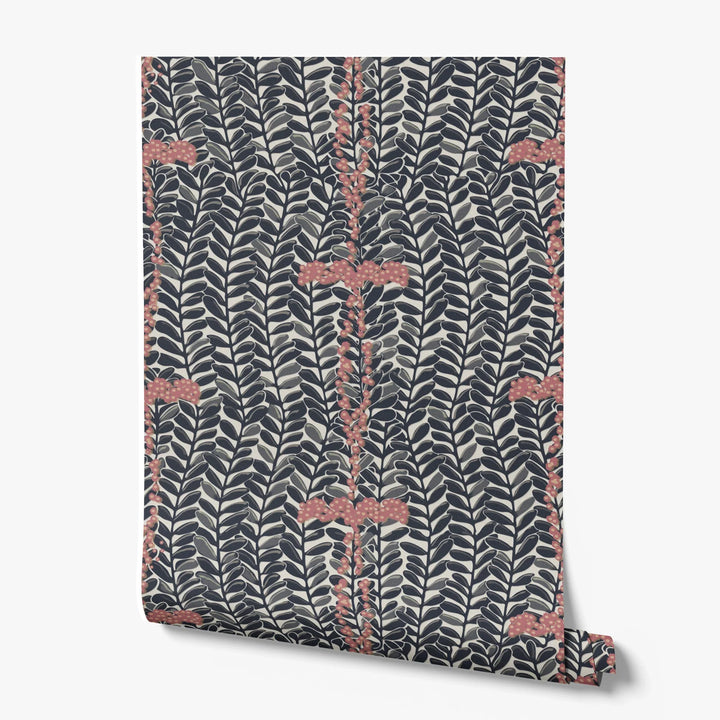 Navy 1918 leaf sprays with red berries on a beige ground: printed wallpaper roll