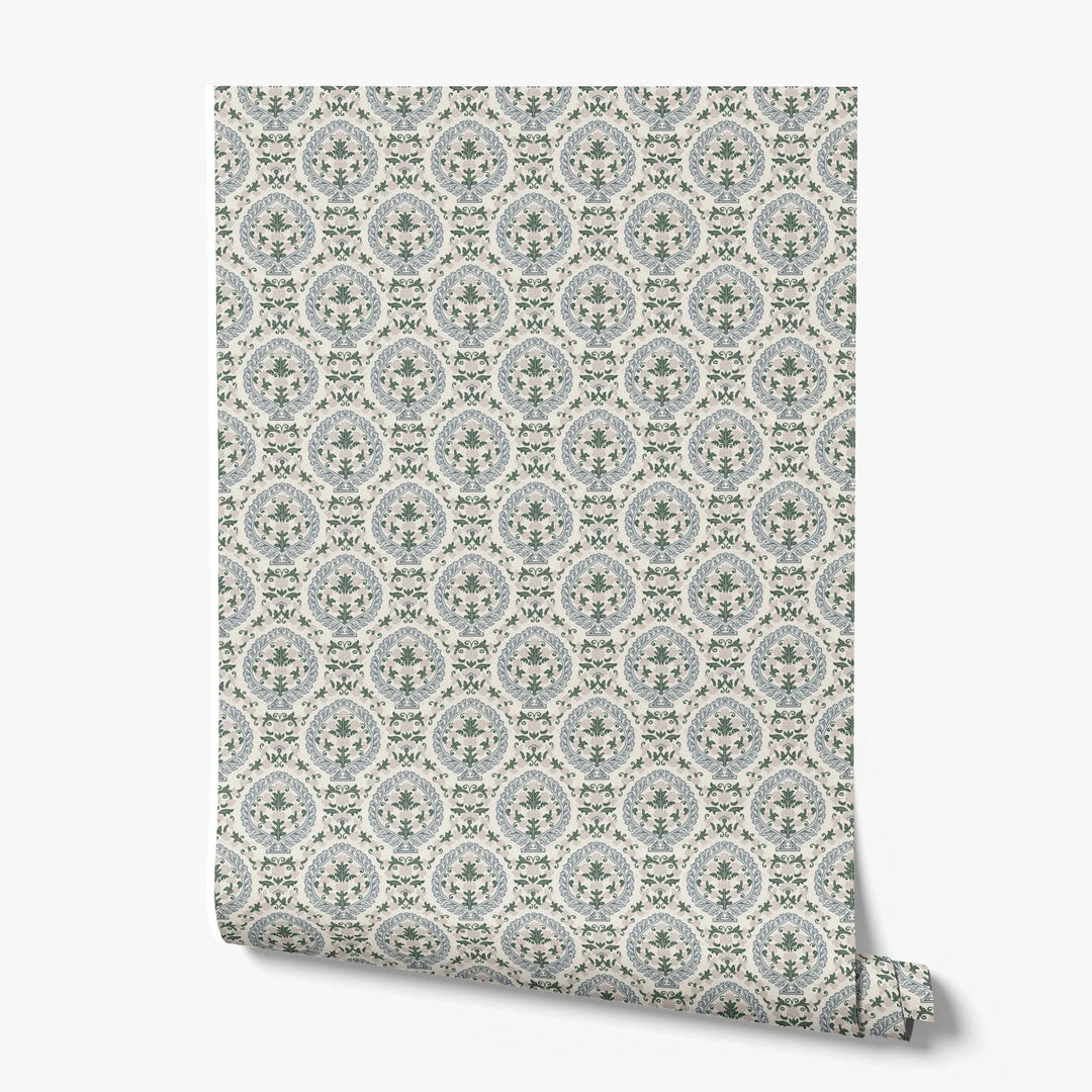 Varanasi Medallion in Ivory and Linen — slate-blue pointed medallions enclosing flowering plants on a near-white ground printed wallpaper roll