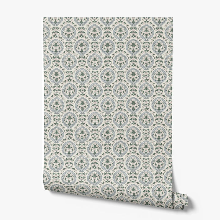 Varanasi Medallion in Ivory and Linen — slate-blue pointed medallions enclosing flowering plants on a near-white ground printed wallpaper roll