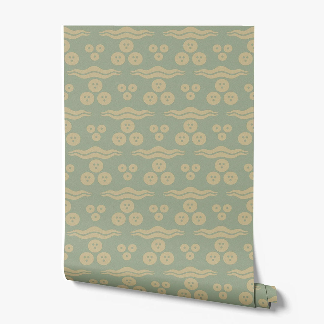 Gold 15th century Ottoman discs and waves on a light green ground: printed wallpaper roll