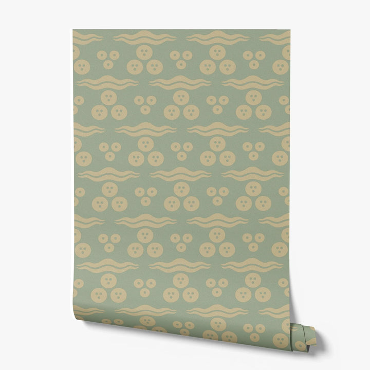 Gold 15th century Ottoman discs and waves on a light green ground: printed wallpaper roll