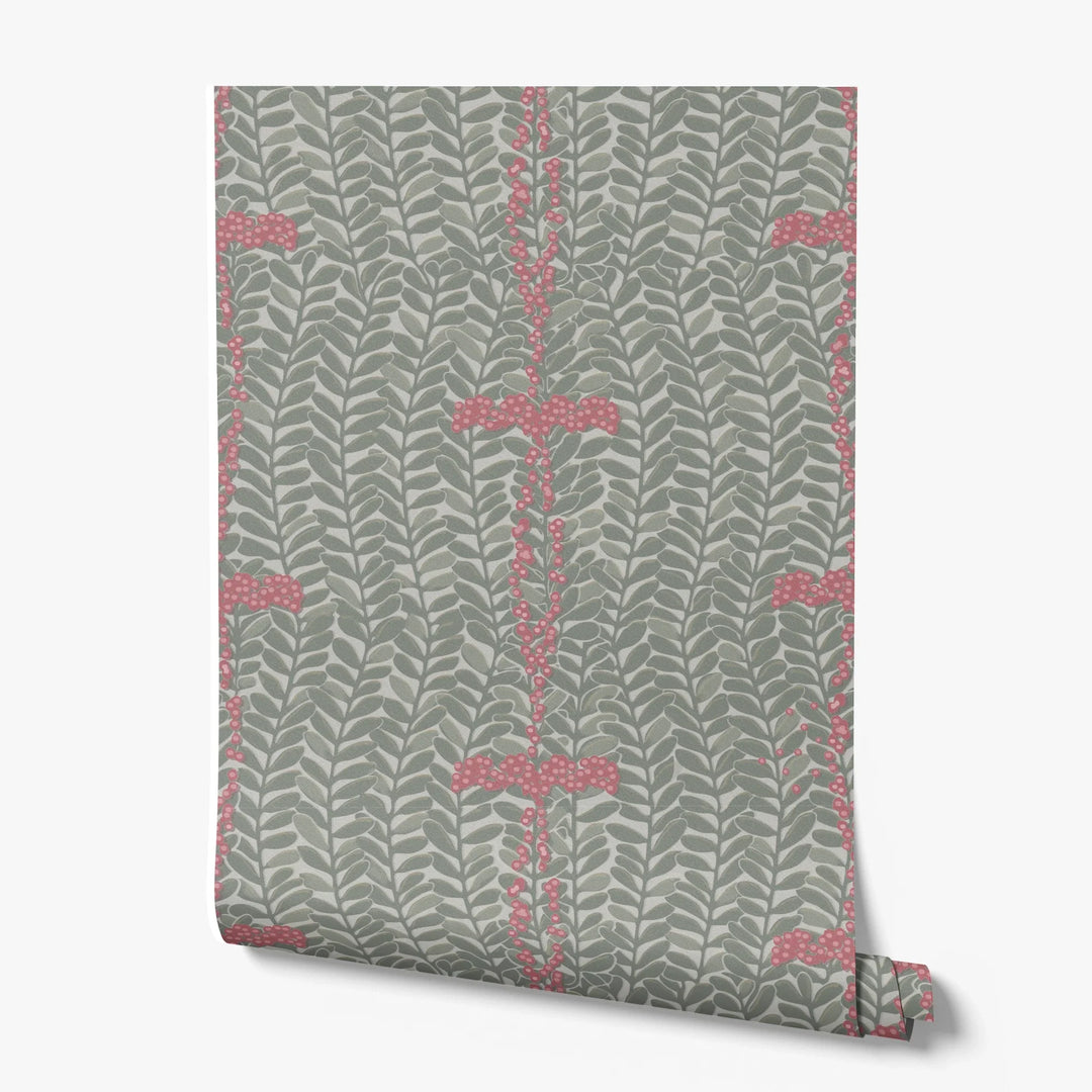 Grey-green 1918 leaf sprays with red berries on a grey ground: printed wallpaper roll