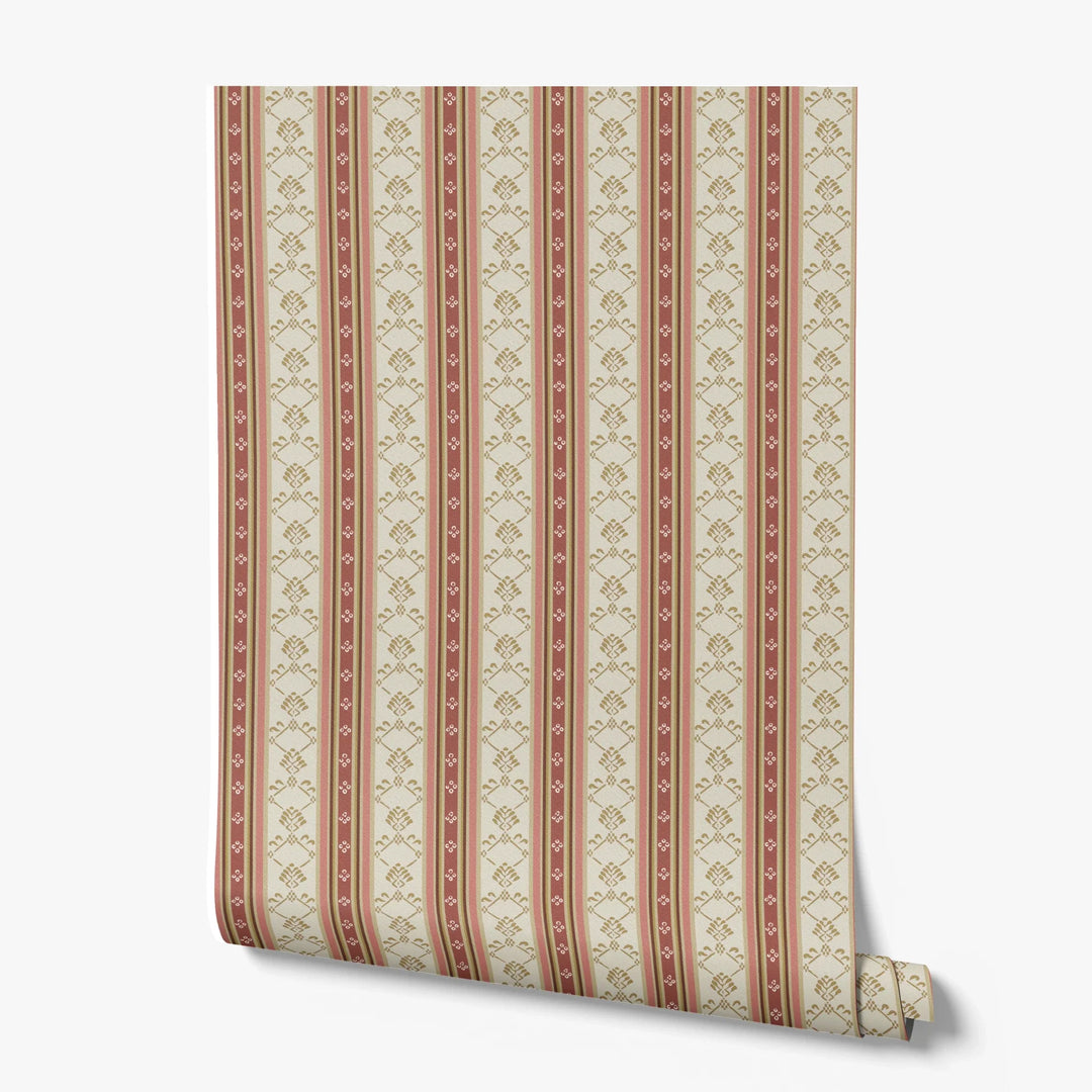 Beige and red 18th century floral and lattice stripe: printed wallpaper roll