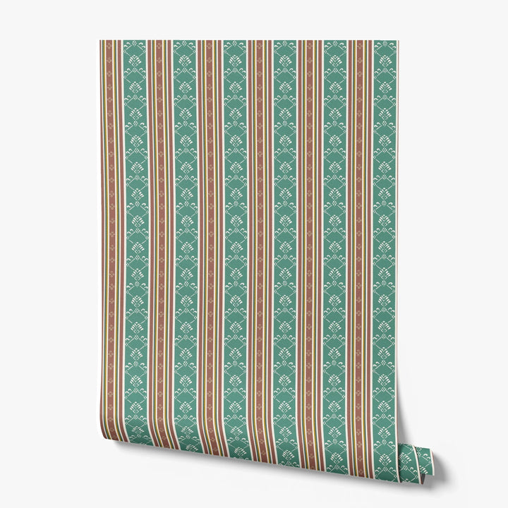 Medium green and brown 18th century floral and lattice stripe: printed wallpaper roll