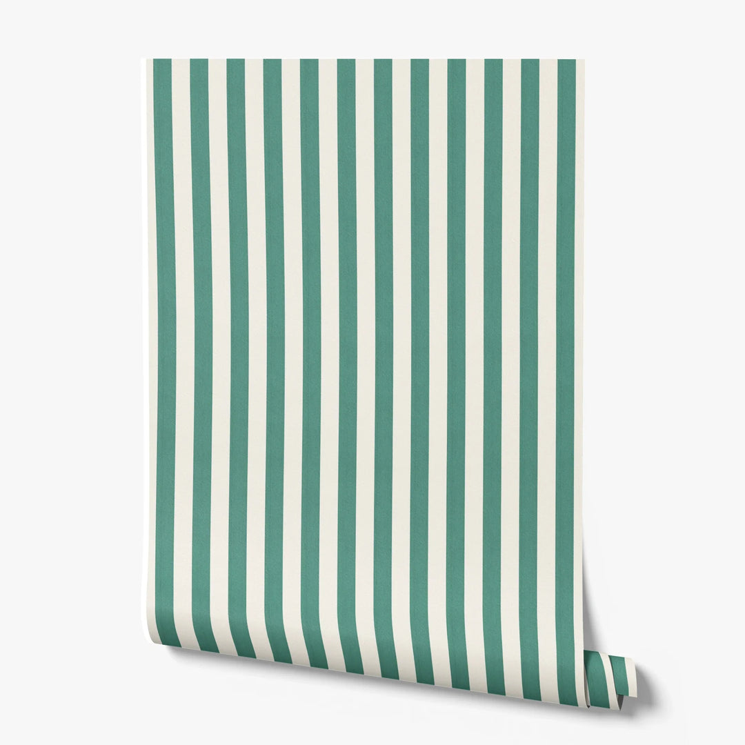 Blue-green and ivory 19th century equal-width stripe, green striated: printed wallpaper roll