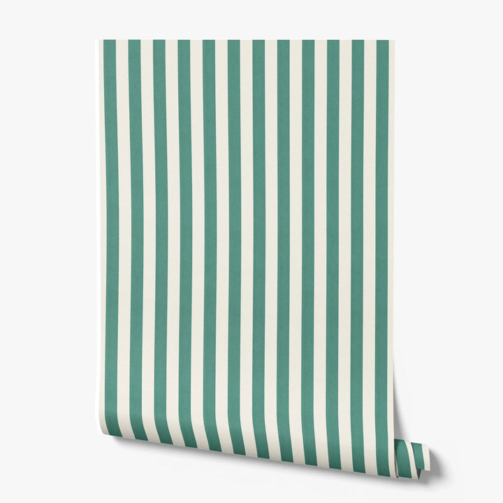 Blue-green and ivory 19th century equal-width stripe, green striated: printed wallpaper roll