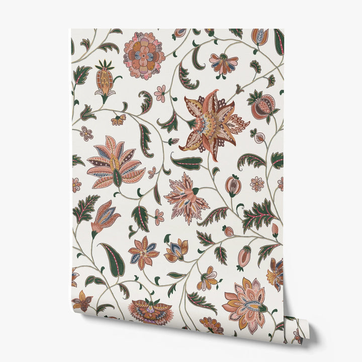 Orange and green floral vines on a white ground printed wallpaper roll