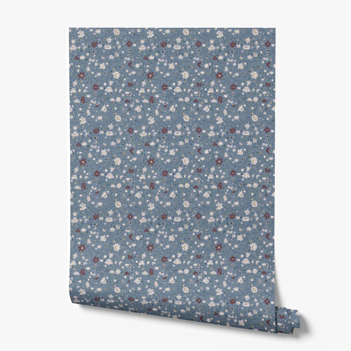 Pink 18th century Indian chintz vine on a muted blue ground: printed wallpaper roll