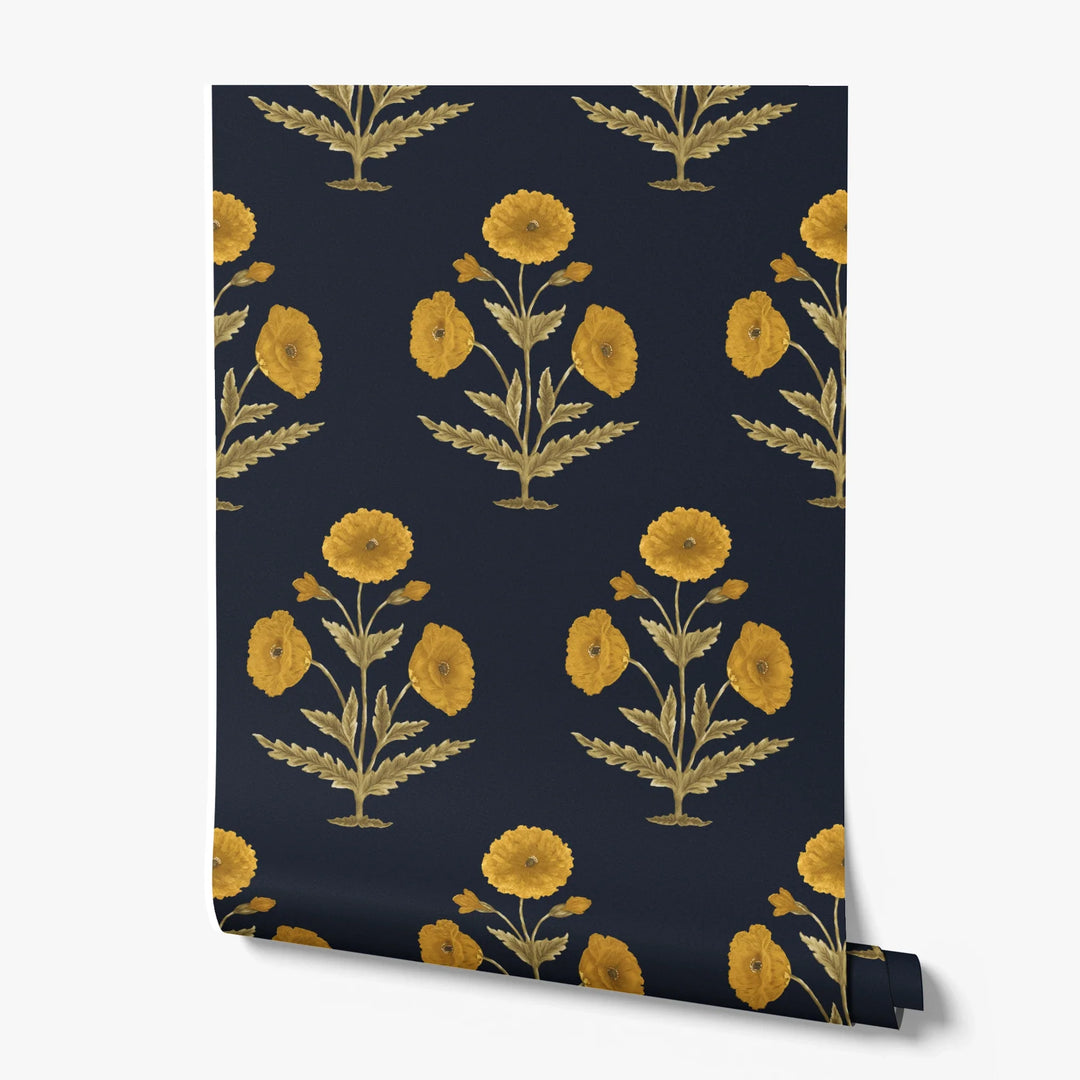 Yellow 17th century Mughal poppy plants on a navy ground: printed wallpaper roll