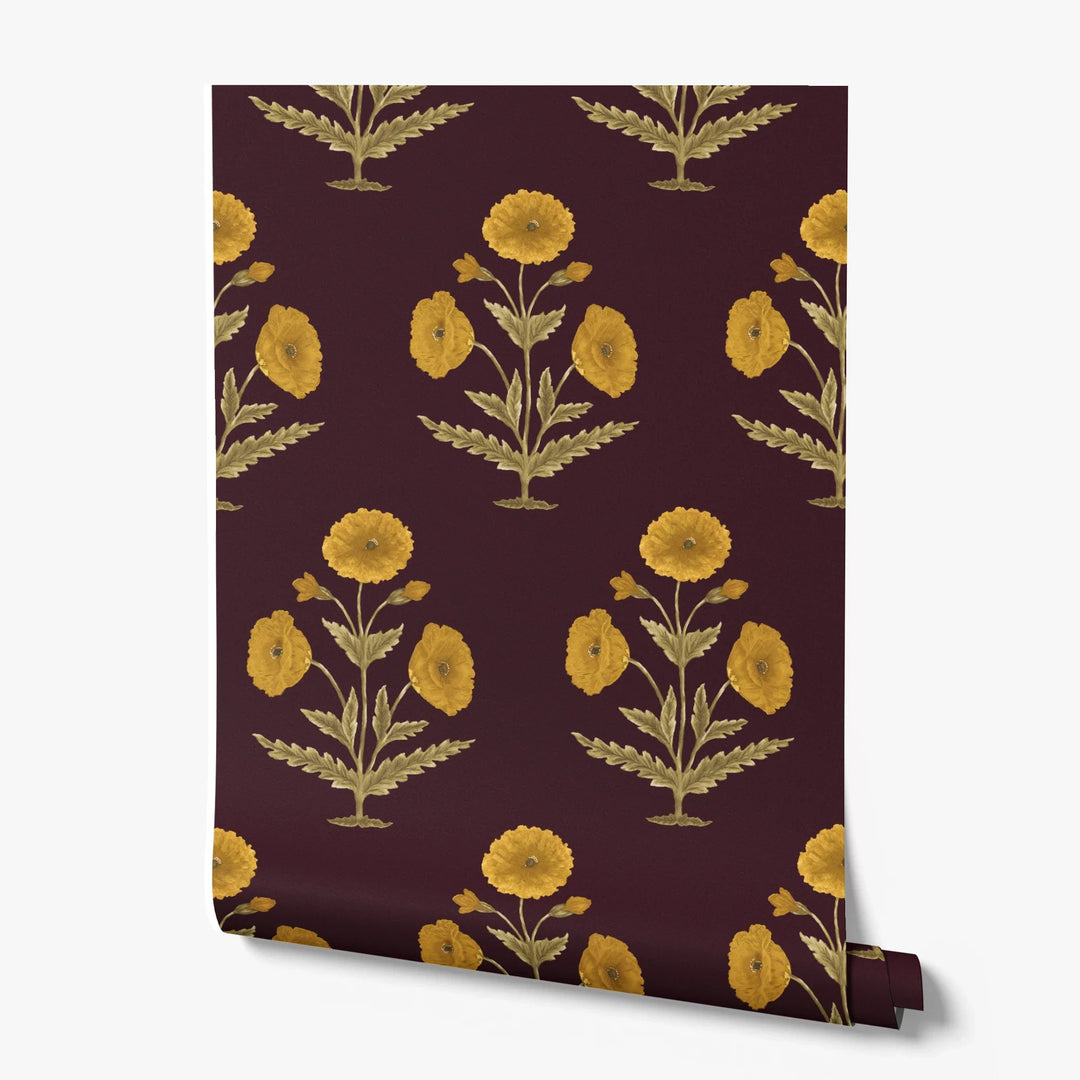 Yellow 17th century Mughal poppy plants on a dark purple ground: printed wallpaper roll