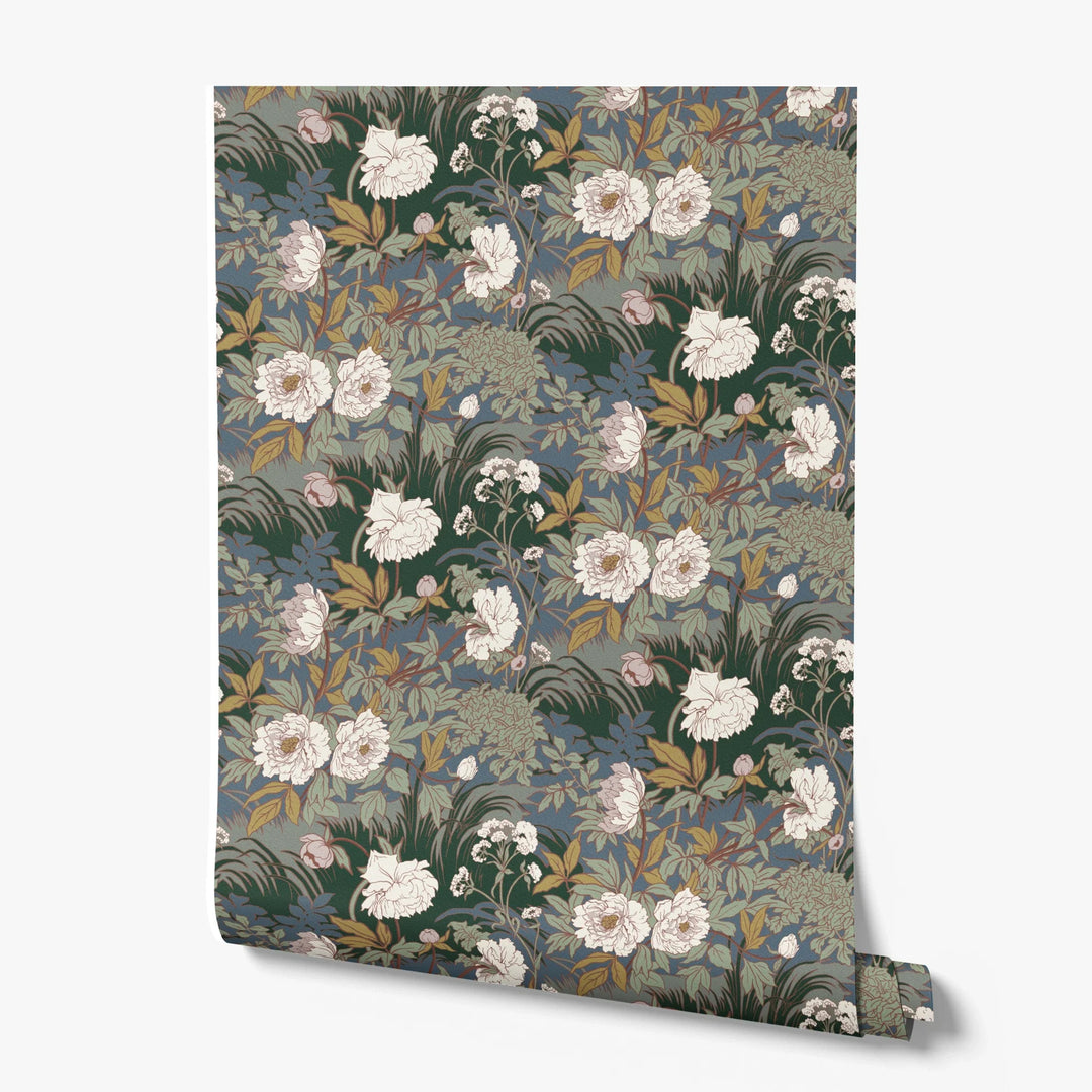 White 1890s Art Nouveau blooms and grasses on a blue-grey ground: printed wallpaper roll