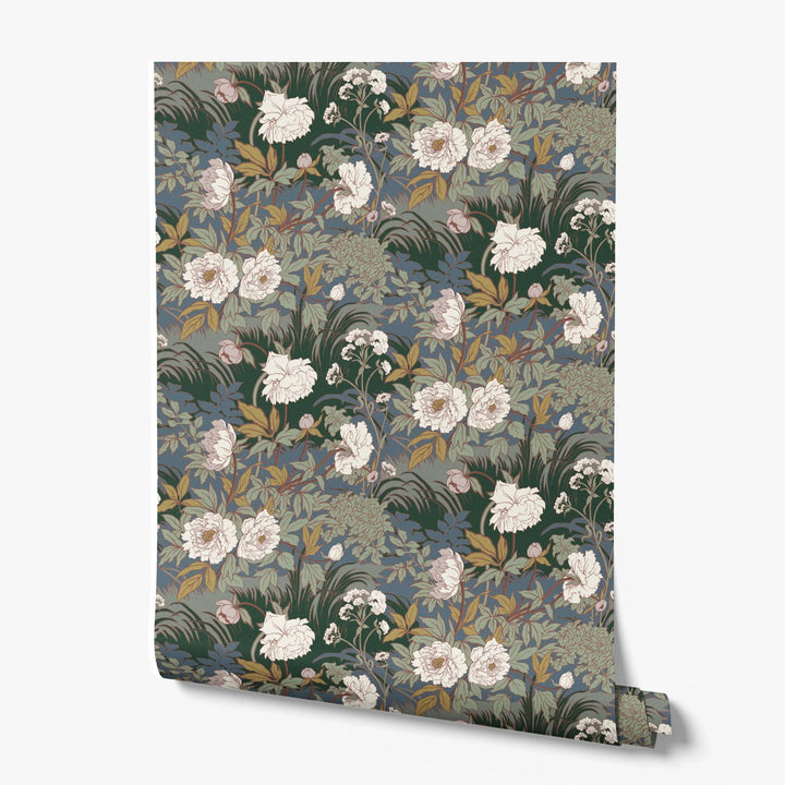 White 1890s Art Nouveau blooms and grasses on a blue-grey ground: printed wallpaper roll