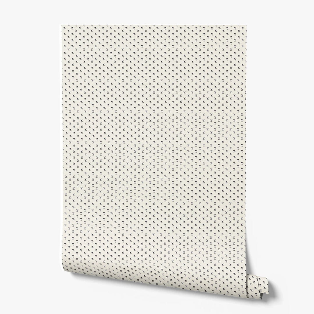 Near-black blue Second Empire tulip silhouette on an ivory ground: printed wallpaper roll
