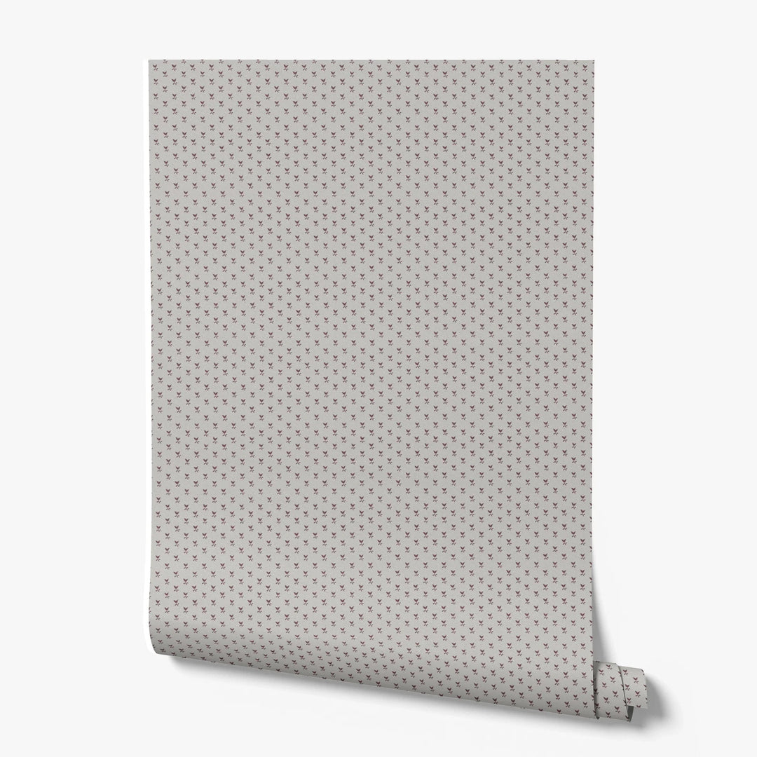 Deep red-brown Second Empire tulip silhouette on a pale grey ground: printed wallpaper roll