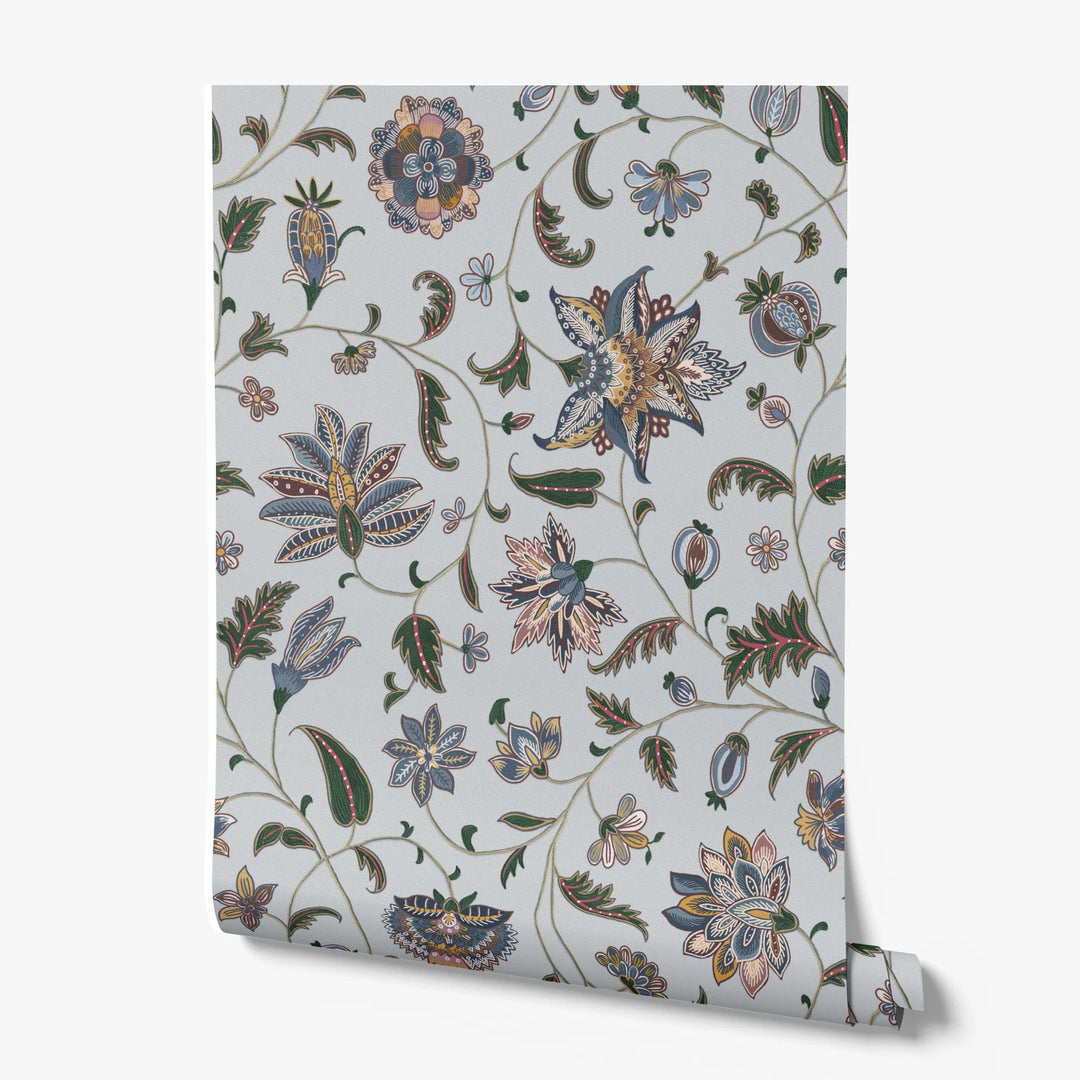 Navy floral vines on a grey ground printed wallpaper roll