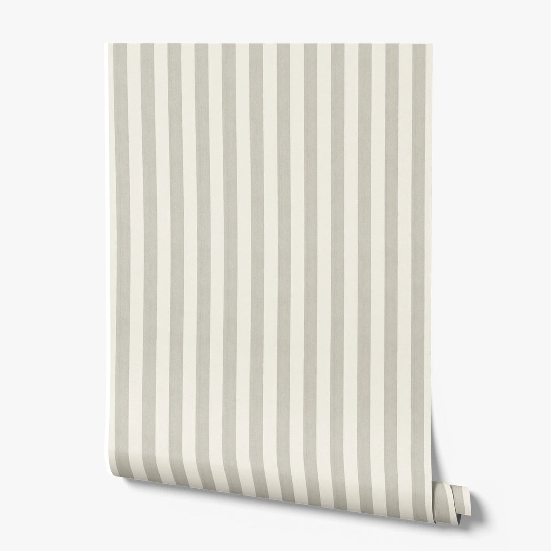 Cream and greige 19th century equal-width stripe, greige striated: printed wallpaper roll