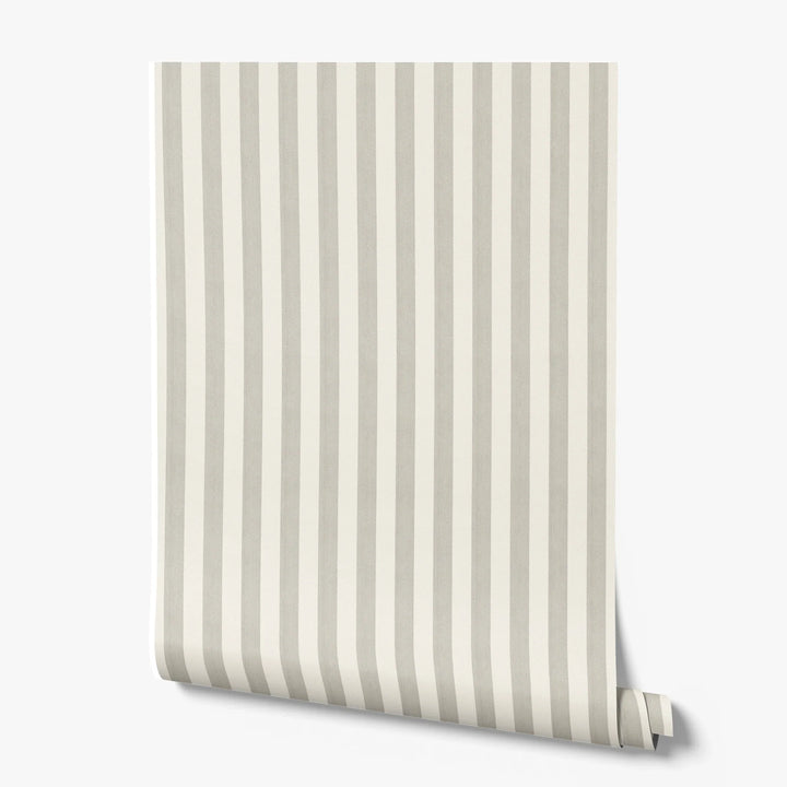 Cream and greige 19th century equal-width stripe, greige striated: printed wallpaper roll