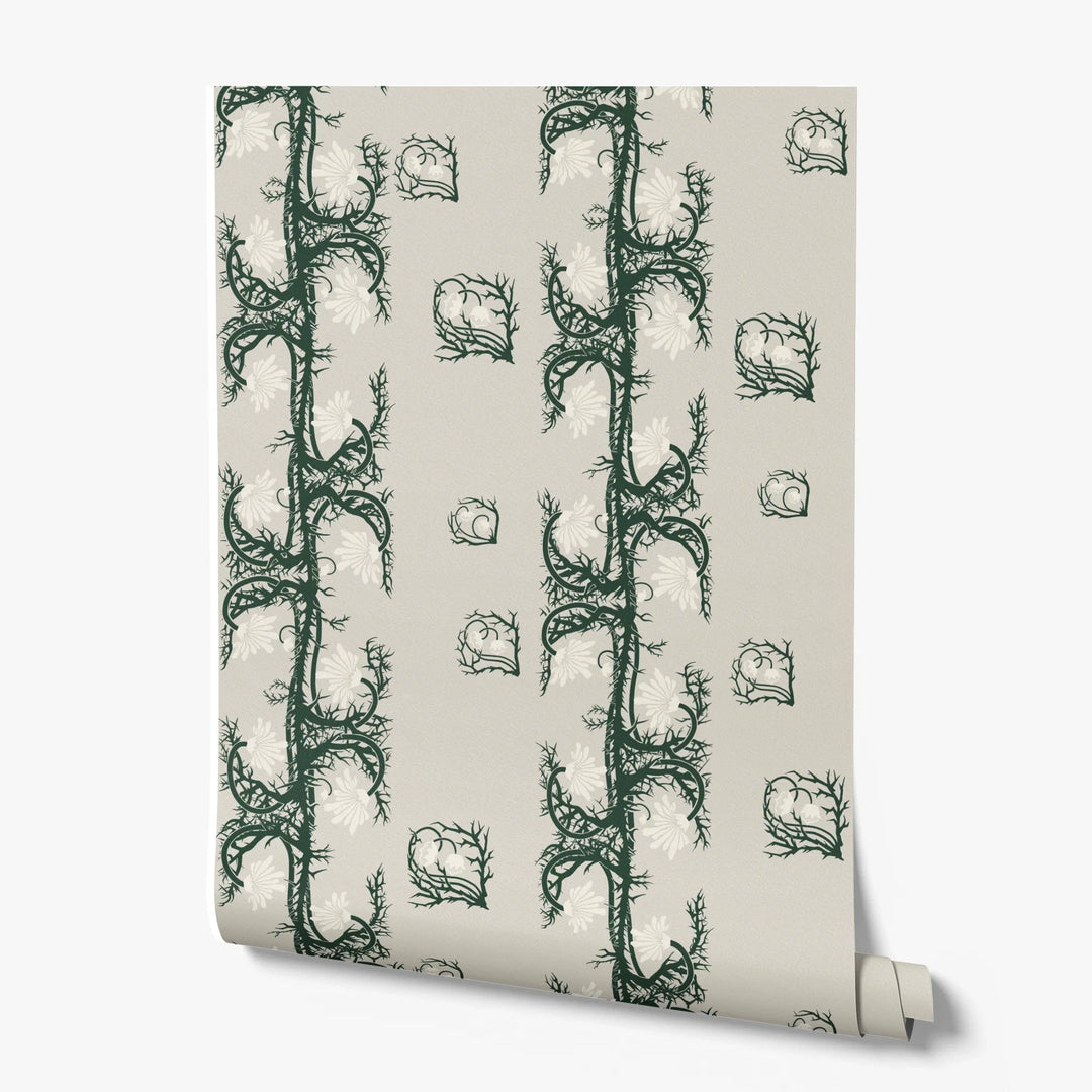 Marguerite in linen and forest floor: spined, entwined stems forming vertical channels around massed daisy heads, translated from a c. 1904 Dutch linen damask finger towel by Cornelis van der Sluys. printed wallpaper roll