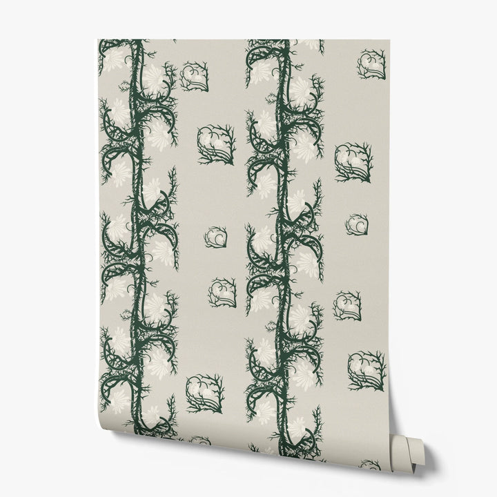 Marguerite in linen and forest floor: spined, entwined stems forming vertical channels around massed daisy heads, translated from a c. 1904 Dutch linen damask finger towel by Cornelis van der Sluys. printed wallpaper roll