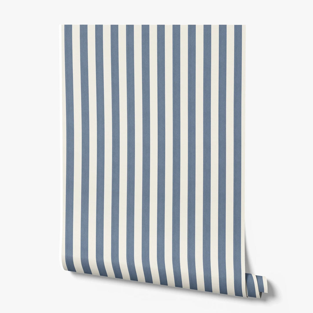 Greyed blue and ivory 19th century equal-width stripe, blue striated: printed wallpaper roll