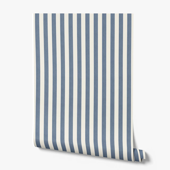 Greyed blue and ivory 19th century equal-width stripe, blue striated: printed wallpaper roll