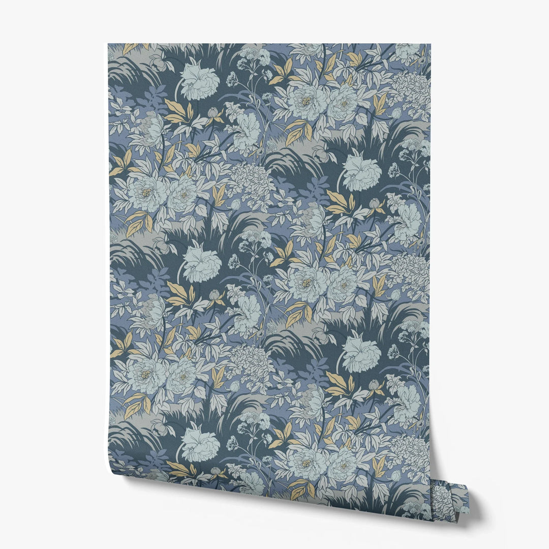 Pale grey 1890s Art Nouveau blooms and grasses on a blue-grey ground: printed wallpaper roll