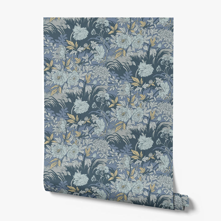Pale grey 1890s Art Nouveau blooms and grasses on a blue-grey ground: printed wallpaper roll
